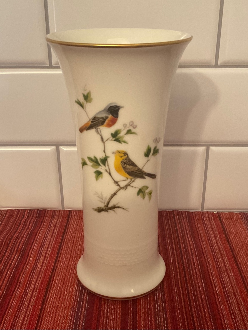 Kaiser Porcelain Bird Motif Vase with Gold Trim - White and Yellow